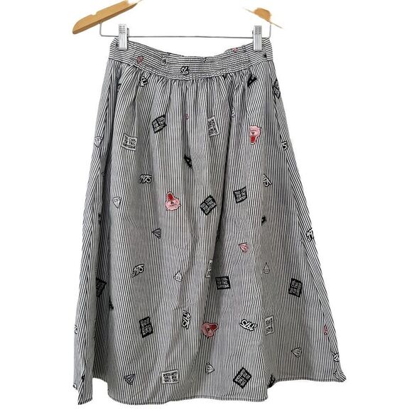 Zara Basics Twee Black White Pinstripe Quirky Pattern Buttons Full Skirt - Picture 1 of 16